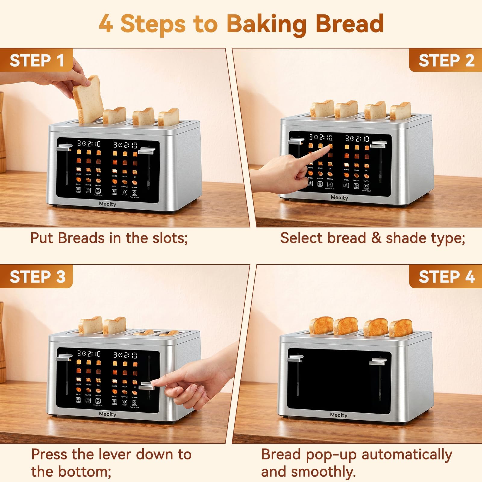 Mecity 4 Slice Touchscreen Toaster, 6 Bread Modes & 6 Browning Levels, Dual Touch Control Wide Slot Stainless Steel Electric Toaster with Memory, Defrost, 3-Min Auto Shutoff for White, Bagels, Waffles