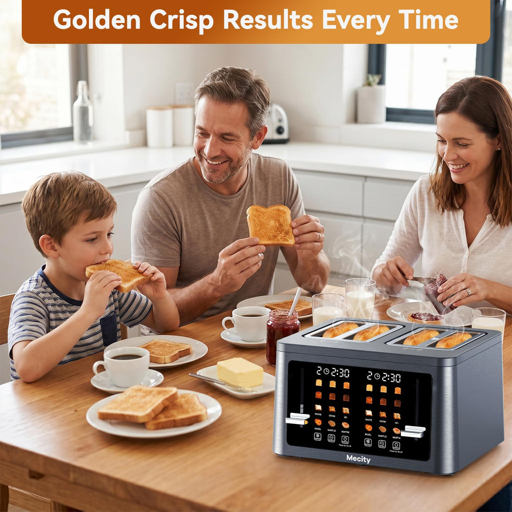 Mecity 4 Slice Touchscreen Toaster, 6 Bread Modes & 6 Browning Levels, Dual Touch Control Wide Slot Stainless Steel Electric Toaster with Memory, Defrost, 3-Min Auto Shutoff for White, Bagels, Waffles