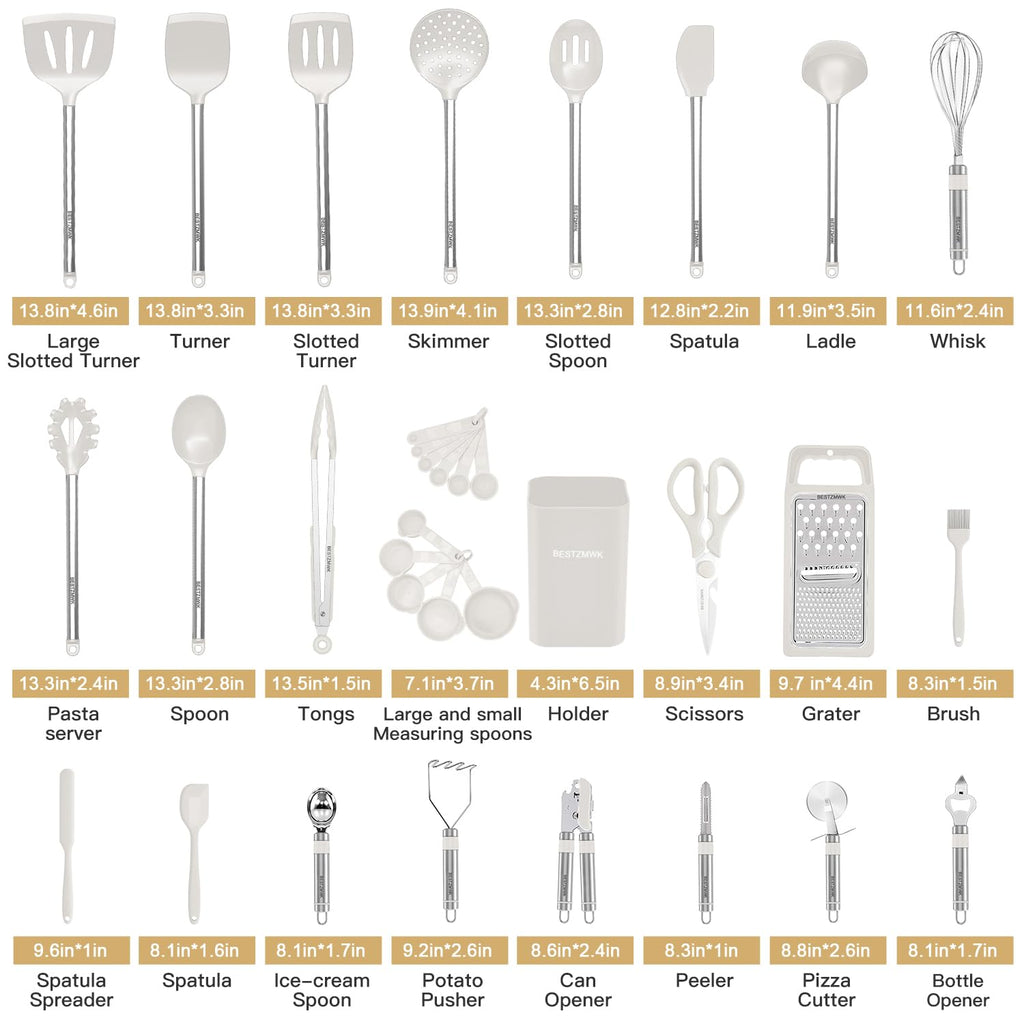 Kitchen Utensil Set-Silicone Cooking Utensils-33 Kitchen Gadgets & Spoons for Nonstick Cookware-Silicone and Stainless Steel Spatula Set-Best Kitchen Tools, Useful Pots (Cream White)