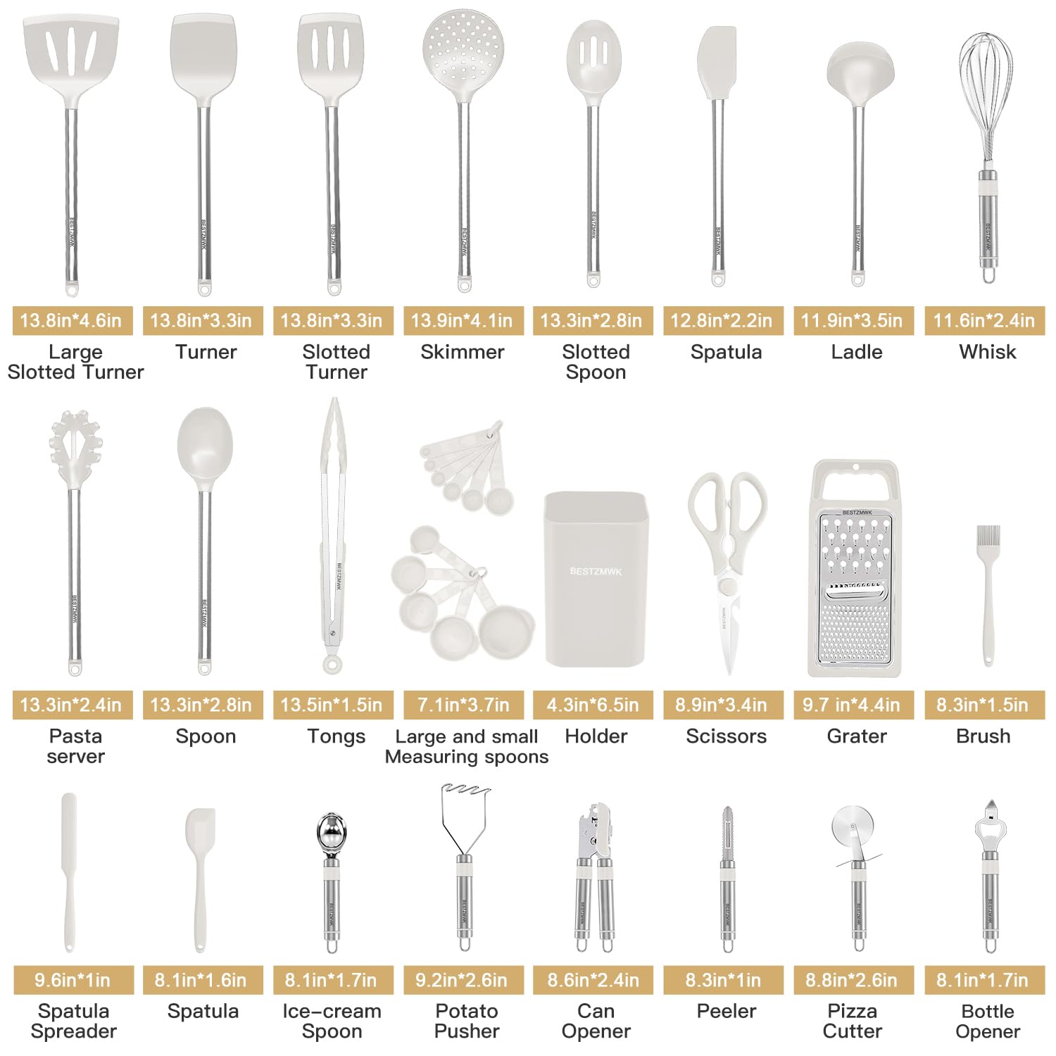 Kitchen Utensil Set-Silicone Cooking Utensils-33 Kitchen Gadgets & Spoons for Nonstick Cookware-Silicone and Stainless Steel Spatula Set-Best Kitchen Tools, Useful Pots (Cream White)