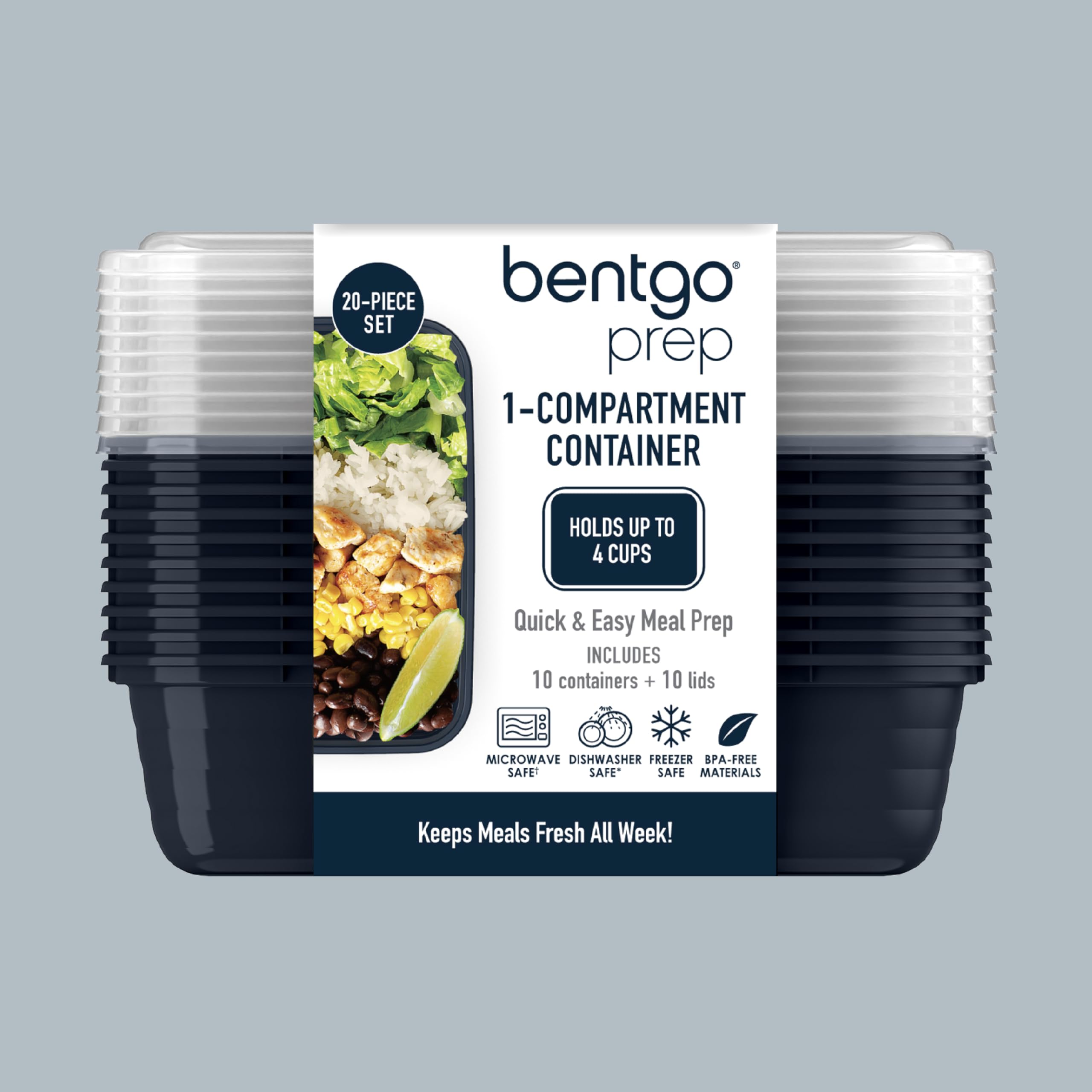 Bentgo Prep - 20-Piece 1-Compartment Reusable Meal Prep Containers with Lids, PFAS & BPA Free Materials, Durable, Microwave, Freezer, & Dishwasher Safe To Go Food Storage (Navy Blue)