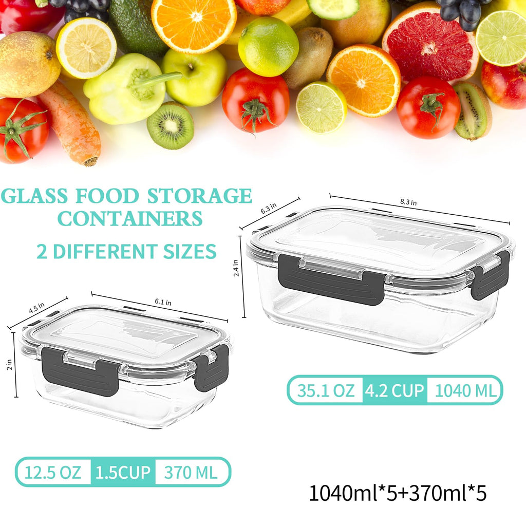 Skroam 10-Pack Glass Meal Prep Containers, Food Storage Containers with Snap Locking Lids, Airtight Bento Boxes for Microwave, Oven, Freezer and Dishwasher