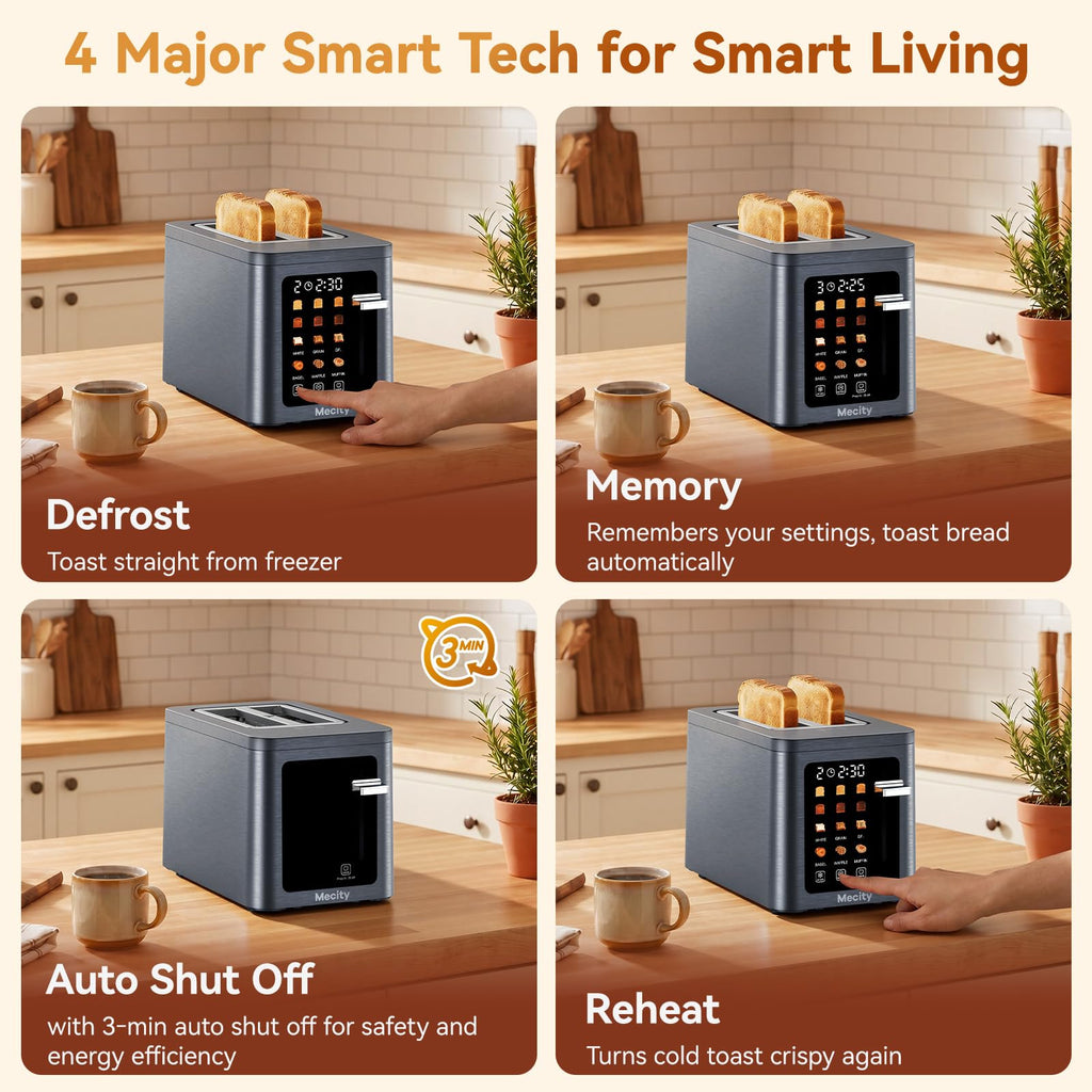 Mecity 2 Slice Toaster Smart Touchscreen, Stainless Steel Wide Slot Toasters Defrost, Reheat, Memory Function, Auto Shutoff, Digital Electric Bread Toaster for Bagel Muffin Waffle, 120V