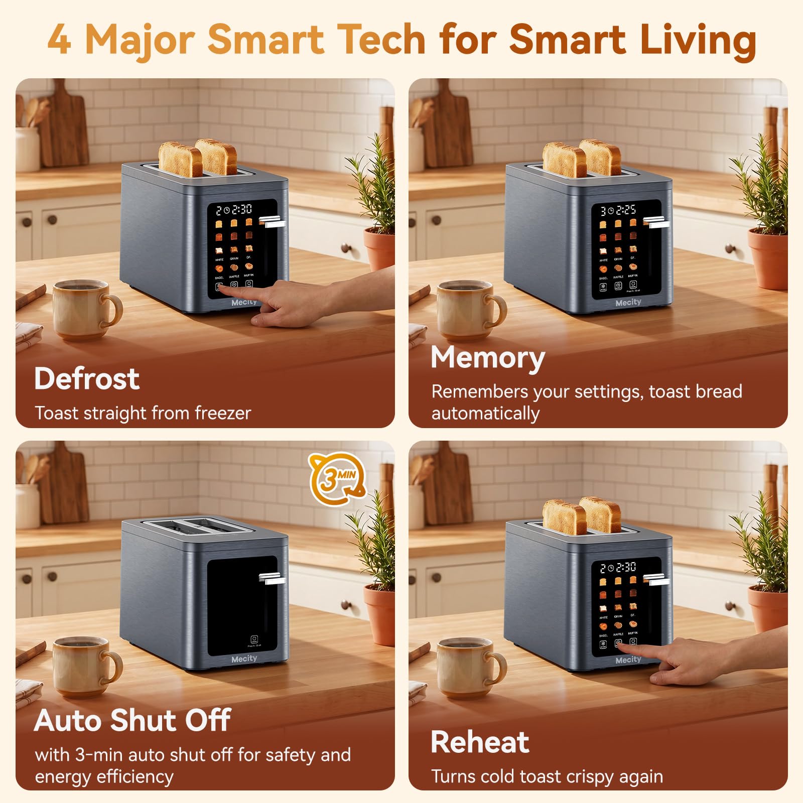 Mecity 2 Slice Toaster Smart Touchscreen, Stainless Steel Wide Slot Toasters Defrost, Reheat, Memory Function, Auto Shutoff, Digital Electric Bread Toaster for Bagel Muffin Waffle, 120V