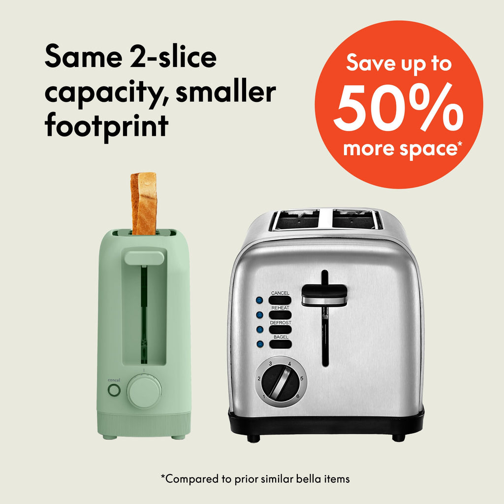 bella 2 Slice Slim Toaster, Fits-anywhere™ Kitchenware, 6 Setting Shade Control with Reheat & Cancel Buttons, Fits Sourdough, 10” Long Slot, Anti Jam & Auto Shutoff, 900 Watt, Seaglass
