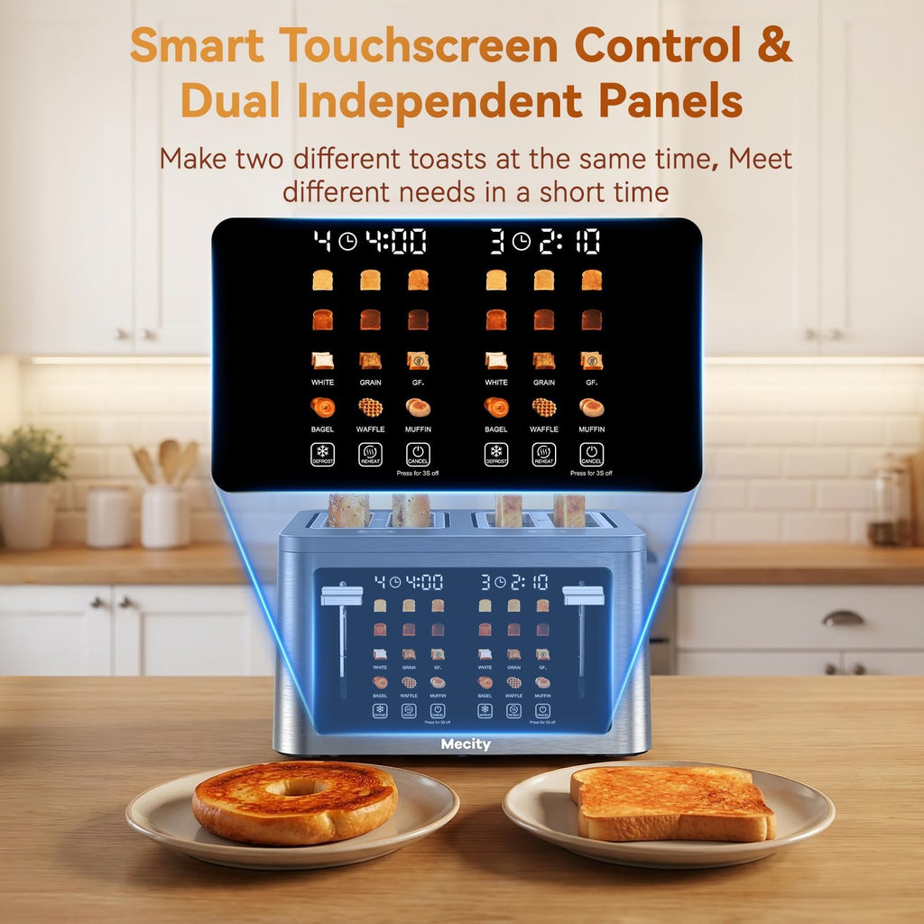 Mecity 4 Slice Touchscreen Toaster, 6 Bread Modes & 6 Browning Levels, Dual Touch Control Wide Slot Stainless Steel Electric Toaster with Memory, Defrost, 3-Min Auto Shutoff for White, Bagels, Waffles