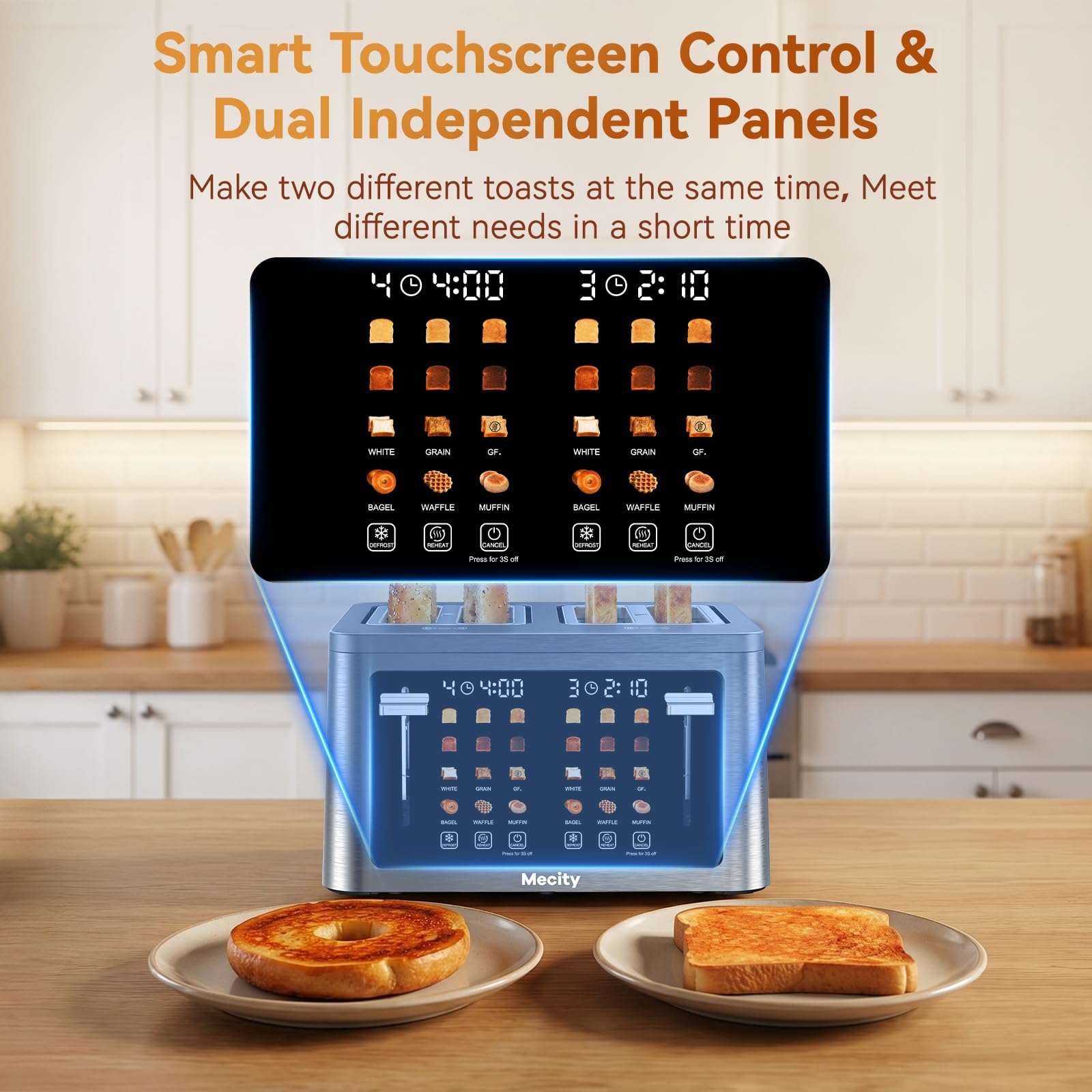Mecity 4 Slice Touchscreen Toaster, 6 Bread Modes & 6 Browning Levels, Dual Touch Control Wide Slot Stainless Steel Electric Toaster with Memory, Defrost, 3-Min Auto Shutoff for White, Bagels, Waffles