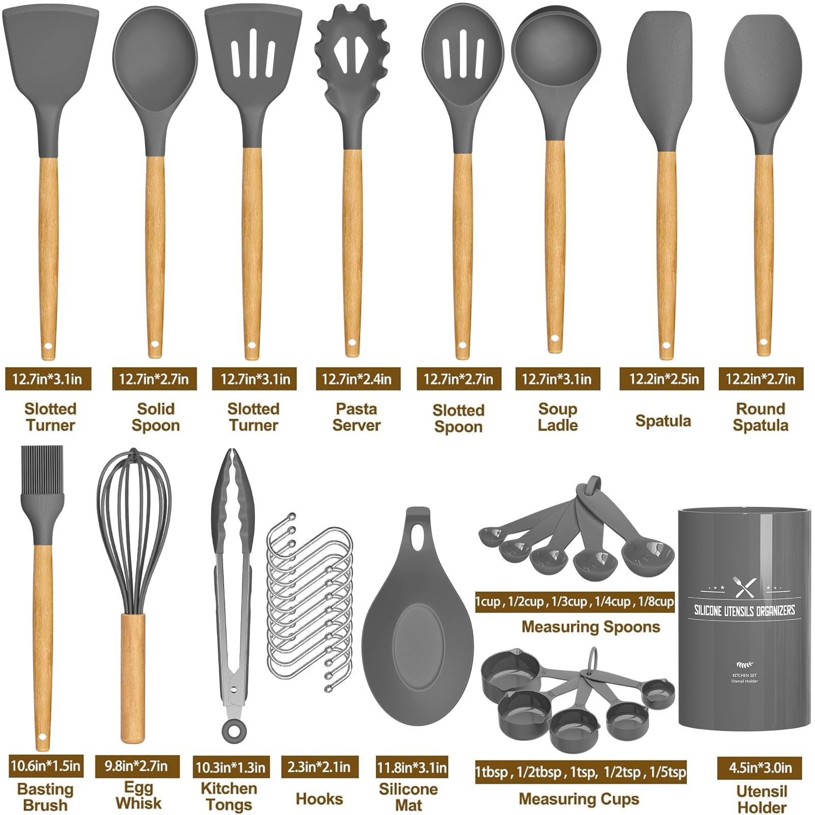 Umite Chef Kitchen Cooking Utensils Set, 33 pcs Non-stick Silicone Spatula Set with Holder, Woodle Handle Heat Resistant Gadgets Utensil (Gray)