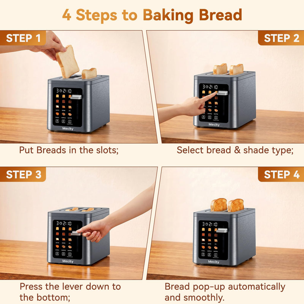 Mecity 2 Slice Toaster Smart Touchscreen, Stainless Steel Wide Slot Toasters Defrost, Reheat, Memory Function, Auto Shutoff, Digital Electric Bread Toaster for Bagel Muffin Waffle, 120V