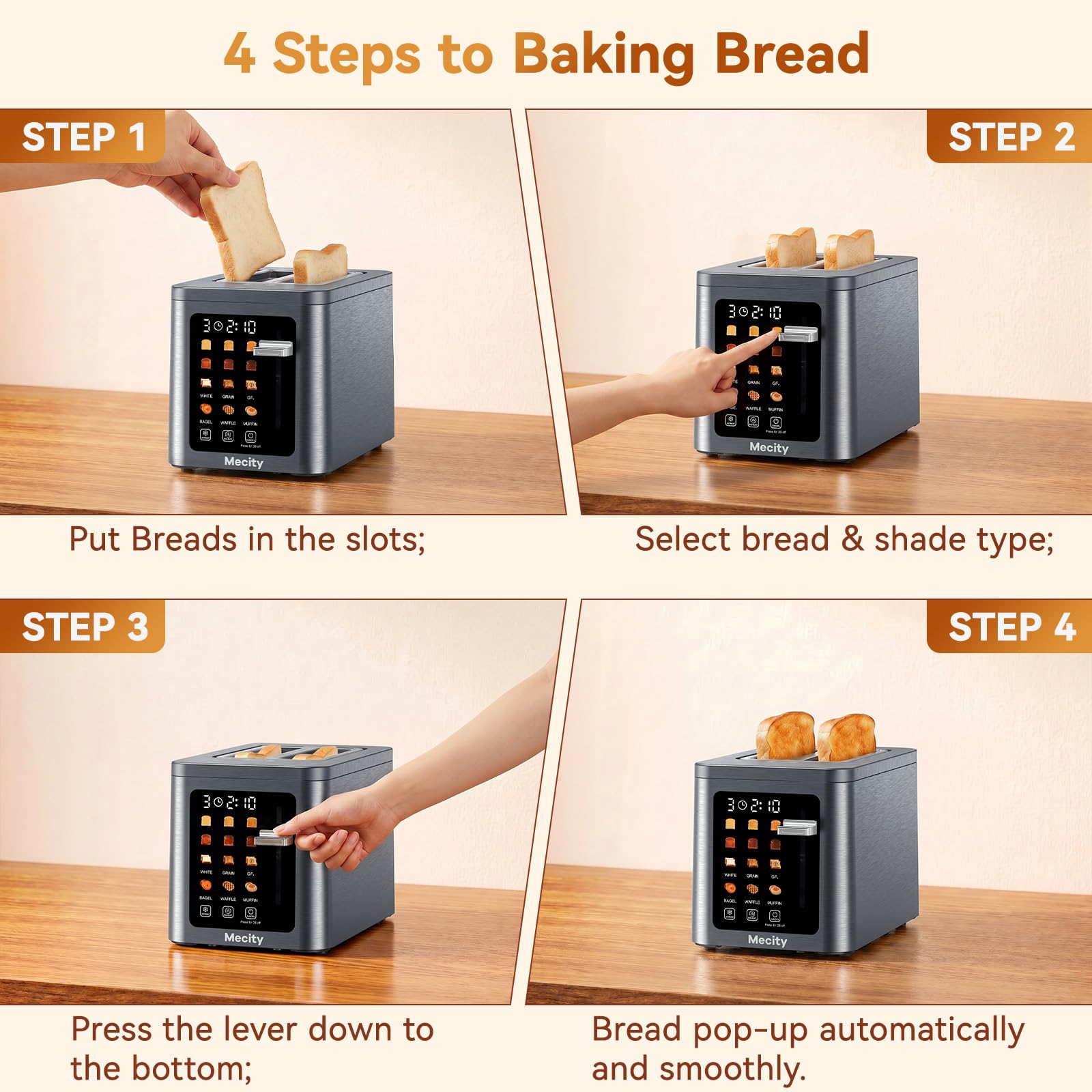 Mecity 2 Slice Toaster Smart Touchscreen, Stainless Steel Wide Slot Toasters Defrost, Reheat, Memory Function, Auto Shutoff, Digital Electric Bread Toaster for Bagel Muffin Waffle, 120V
