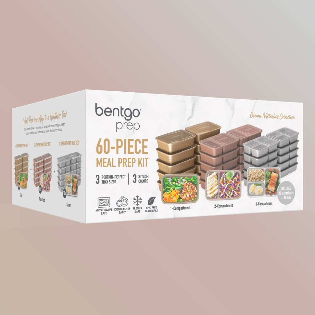 Bentgo Prep 60-Piece Meal Prep Kit - Reusable PFAS & BPA-Free Food Containers, 1-Compartment, 2-Compartment, & 3-Compartments - Microwave, Freezer, & Dishwasher Safe (Gleam Metallics)