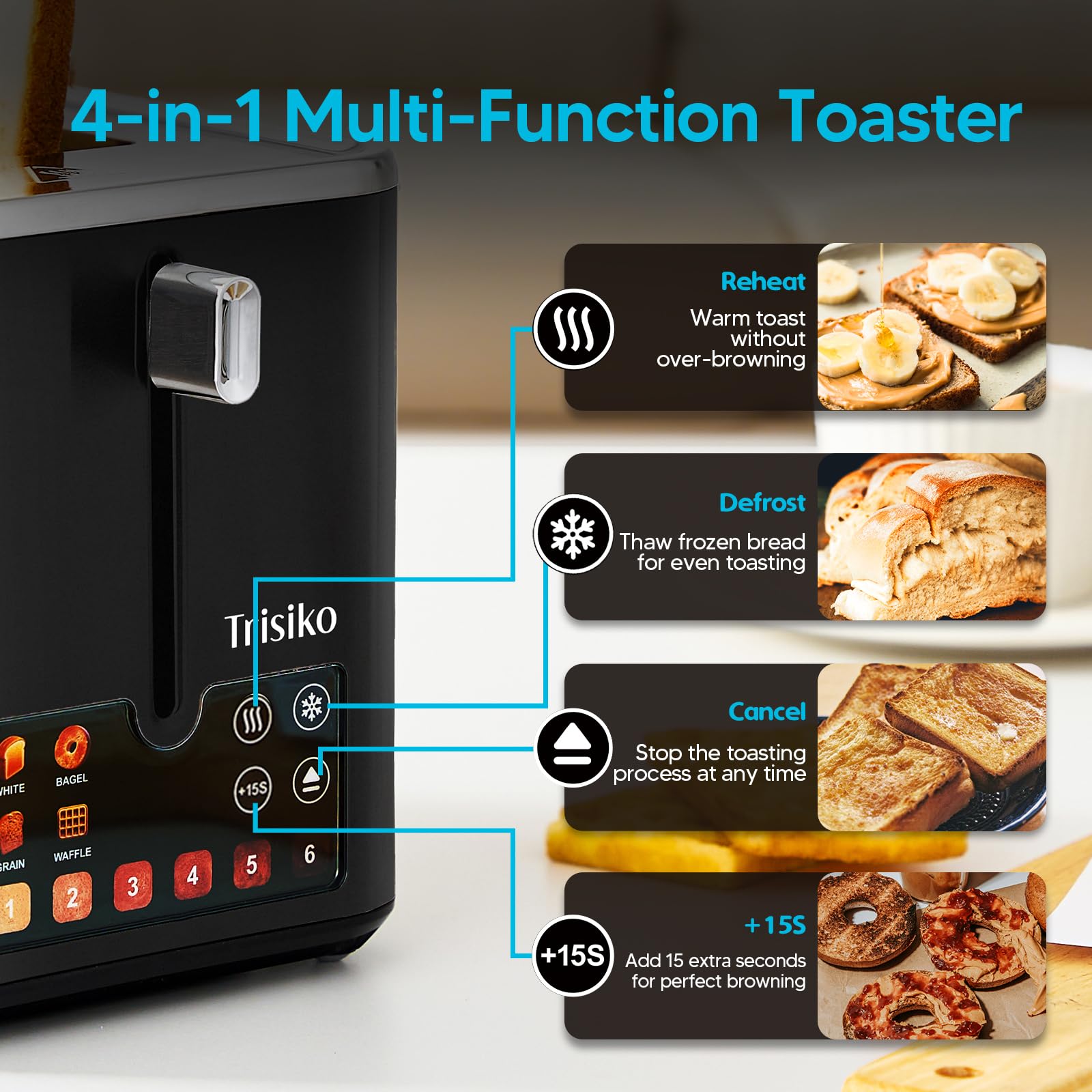 Trisiko Touch Screen Electric Toaster 2 Slice, Stainless Steel Smart Toaster with Digital Timer, 1.38" Extra-Wide Slots for Bread& Bagel, Great for Home, Office,Dorm (Black)