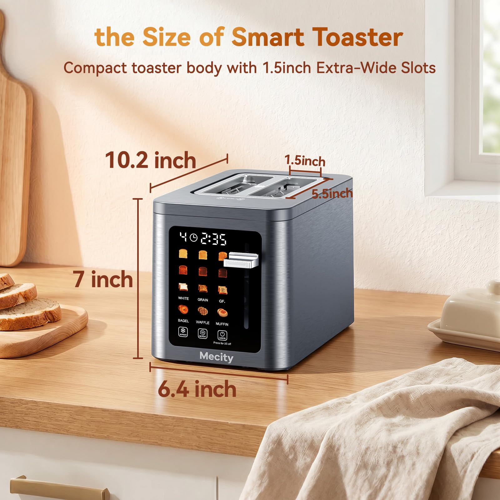 Mecity 2 Slice Toaster Smart Touchscreen, Stainless Steel Wide Slot Toasters Defrost, Reheat, Memory Function, Auto Shutoff, Digital Electric Bread Toaster for Bagel Muffin Waffle, 120V