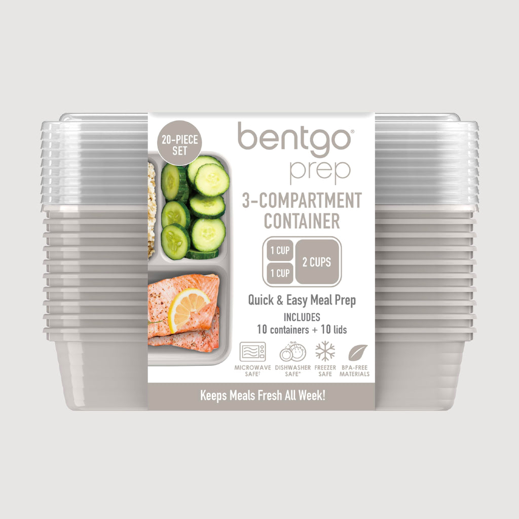 Bentgo Prep - 20-Piece 3-Compartment Reusable Meal Prep Containers with Lids, PFAS & BPA Free Materials, Durable, Microwave, Freezer, & Dishwasher Safe To Go Food Storage (Stone Gray)