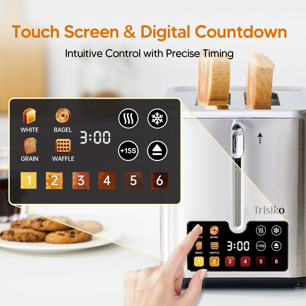 Trisiko Touch Screen Electric Toaster 2 Slice, Stainless Steel Smart Toaster with Digital Timer, 1.38" Extra-Wide Slots for Bread& Bagel, Great for Home, Office,Dorm