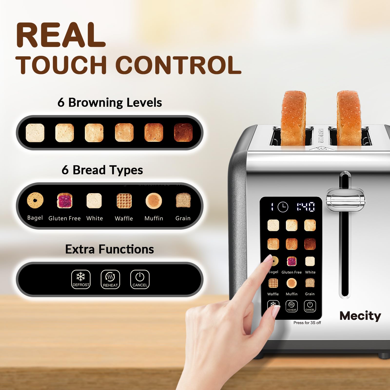 Mecity 2 Slice Touch Screen Toaster, 1.5" Wide Slot, Stainless Steel Smart Toaster for Bagels, Muffins, Waffles, Gluten-Free Breads, Defrost, Reheat, Timer, 120V 825W, Grey Pearl