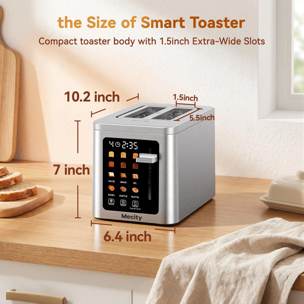 Mecity 2 Slice Toaster Smart Touchscreen, Stainless Steel Wide Slot Toasters Defrost, Reheat, Memory Function, Auto Shutoff, Digital Electric Bread Toaster for Bagel Muffin Waffle, 120V