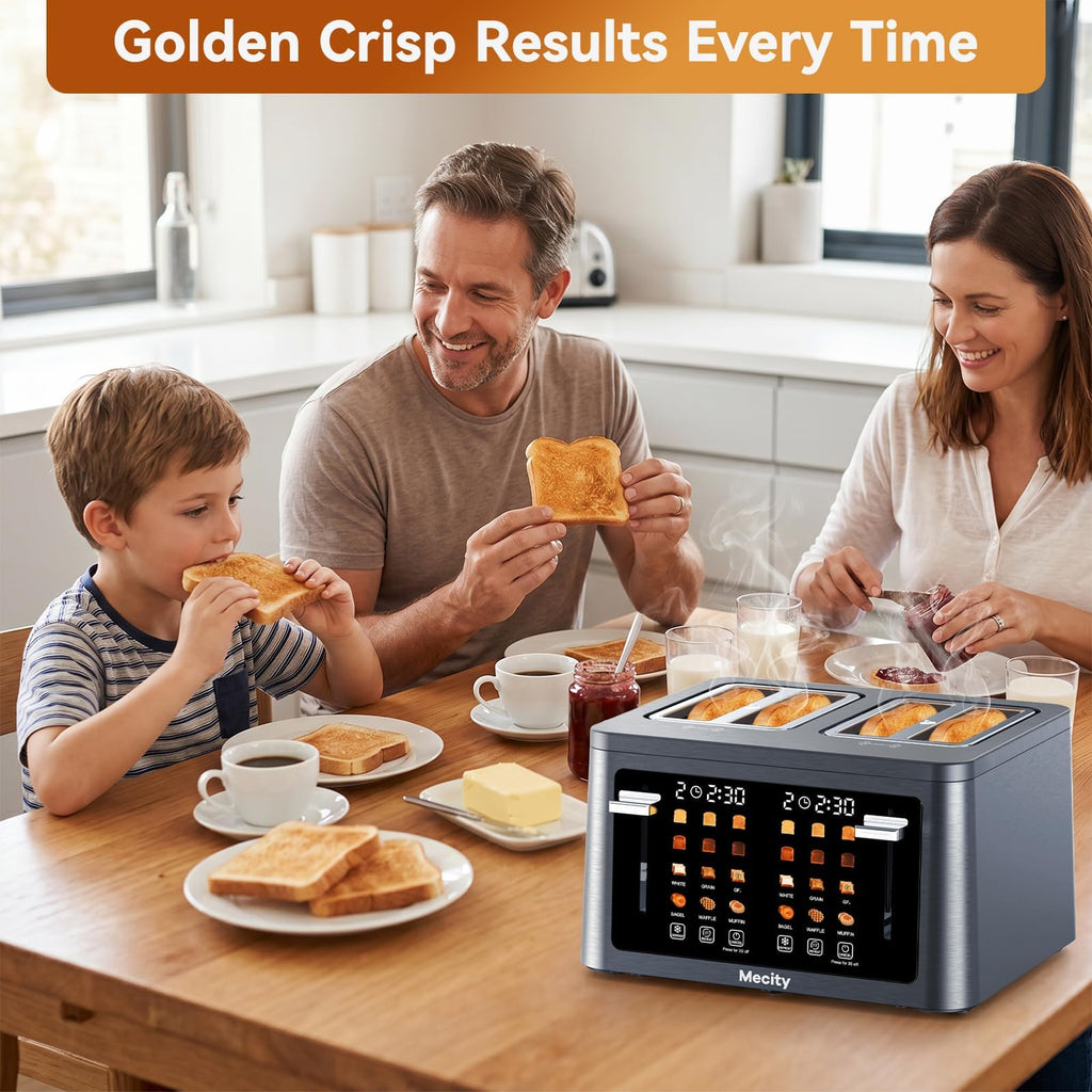 Mecity 4 Slice Touchscreen Toaster, 6 Bread Modes & 6 Browning Levels, Dual Touch Control Wide Slot Stainless Steel Electric Toaster with Memory, Defrost, 3-Min Auto Shutoff for White, Bagels, Waffles