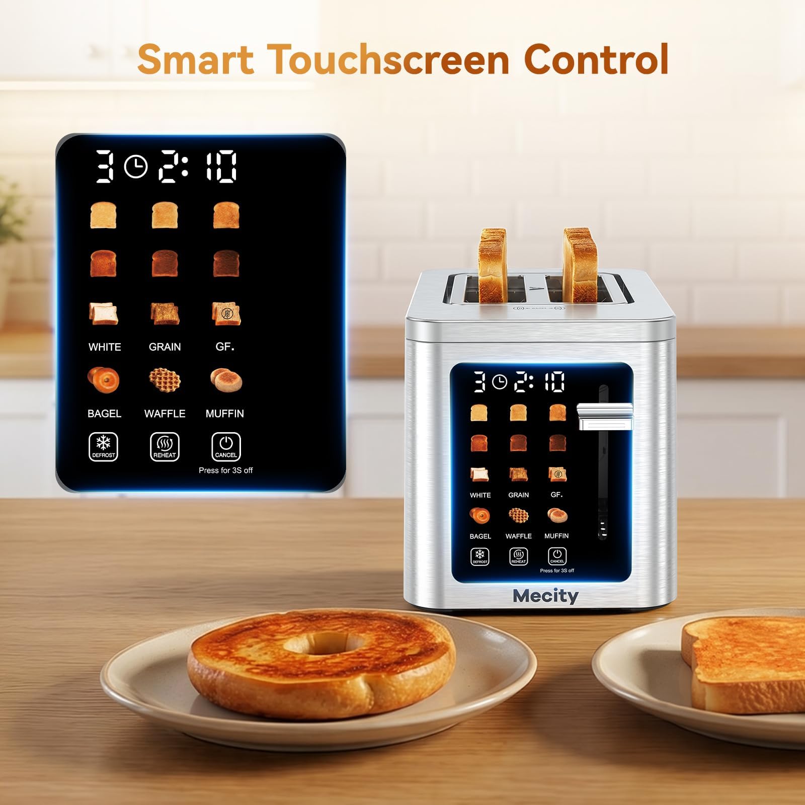 Mecity 2 Slice Toaster Smart Touchscreen, Stainless Steel Wide Slot Toasters Defrost, Reheat, Memory Function, Auto Shutoff, Digital Electric Bread Toaster for Bagel Muffin Waffle, 120V