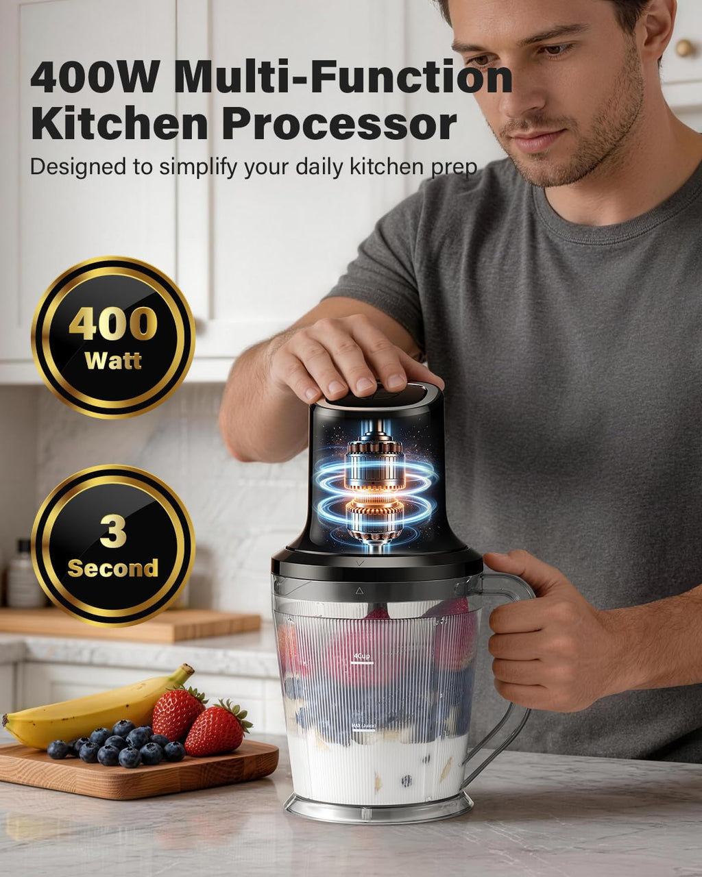 SHARDOR 3-in-1 Small Food Processor/Blender, 400W Powerful Food Chopper with 6-Cup Jar, 4-Cup Processor Bowl & 2-Cup Chopper Bowl, for Food Prep, Smoothies and Milkshakes