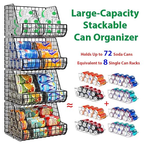 Stackable Soda Can Organizer Stores Up to 72 Cans, 4-Pack Can Storage Organizer for Pantry Shelves, 4-Tier Kitchen Can Holders with 4 Adjustable Dividers, Wire Drink Organizer for Pantry Cabinet Shelf