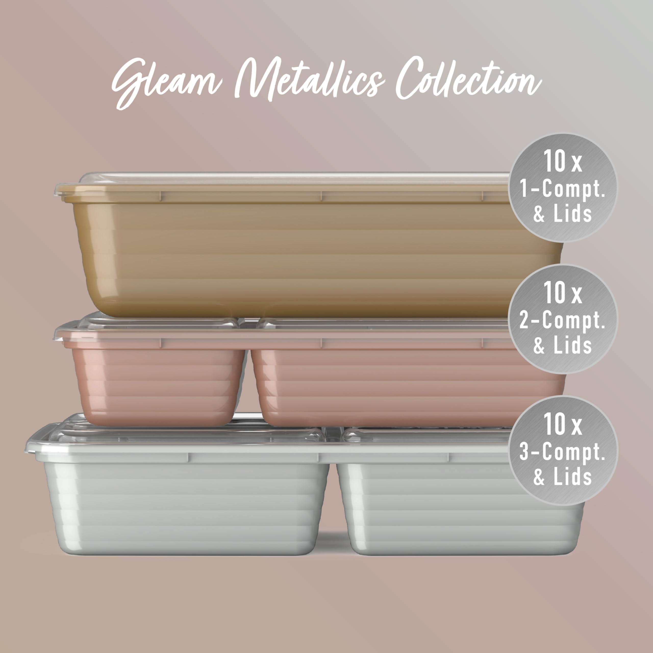 Bentgo Prep 60-Piece Meal Prep Kit - Reusable PFAS & BPA-Free Food Containers, 1-Compartment, 2-Compartment, & 3-Compartments - Microwave, Freezer, & Dishwasher Safe (Gleam Metallics)