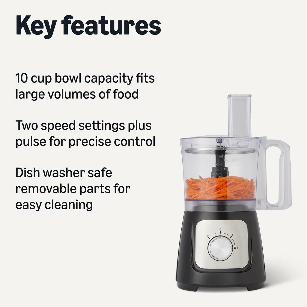 Amazon Basics Food Processor and Vegetable Chopper with 10 Cup Bowl, 2-Speed, 500 Watt Motor, Pulse Function, Dishwasher Safe Parts, Black