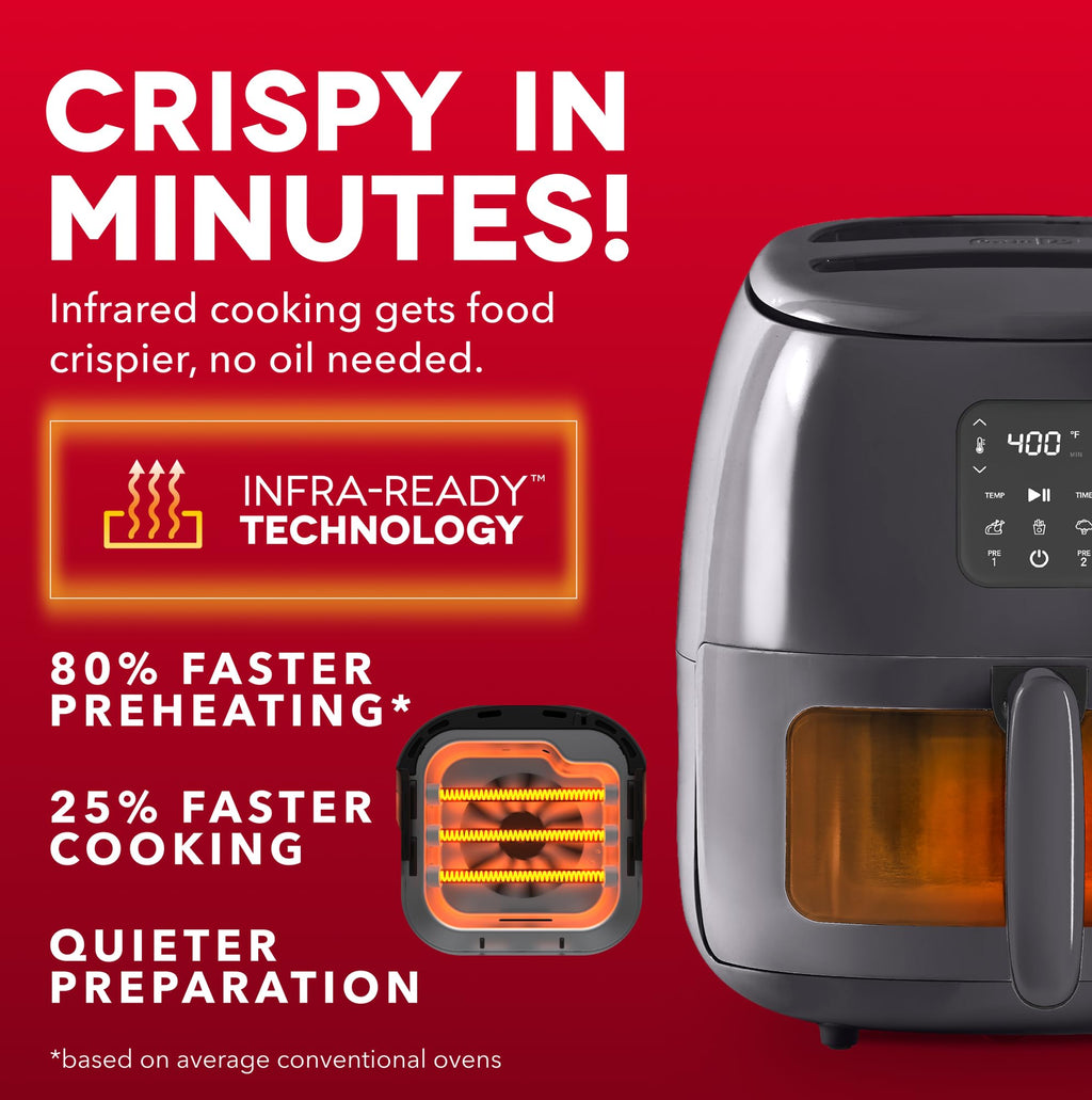 Dash 6QT Infrared Digital Air Fryer - Safe Ceramic Nonstick, Basket Style, Viewing Window, Custom Presets & Auto Shake Reminder - Dishwasher Safe Parts, 6 Quart Family-Size Air Fryer