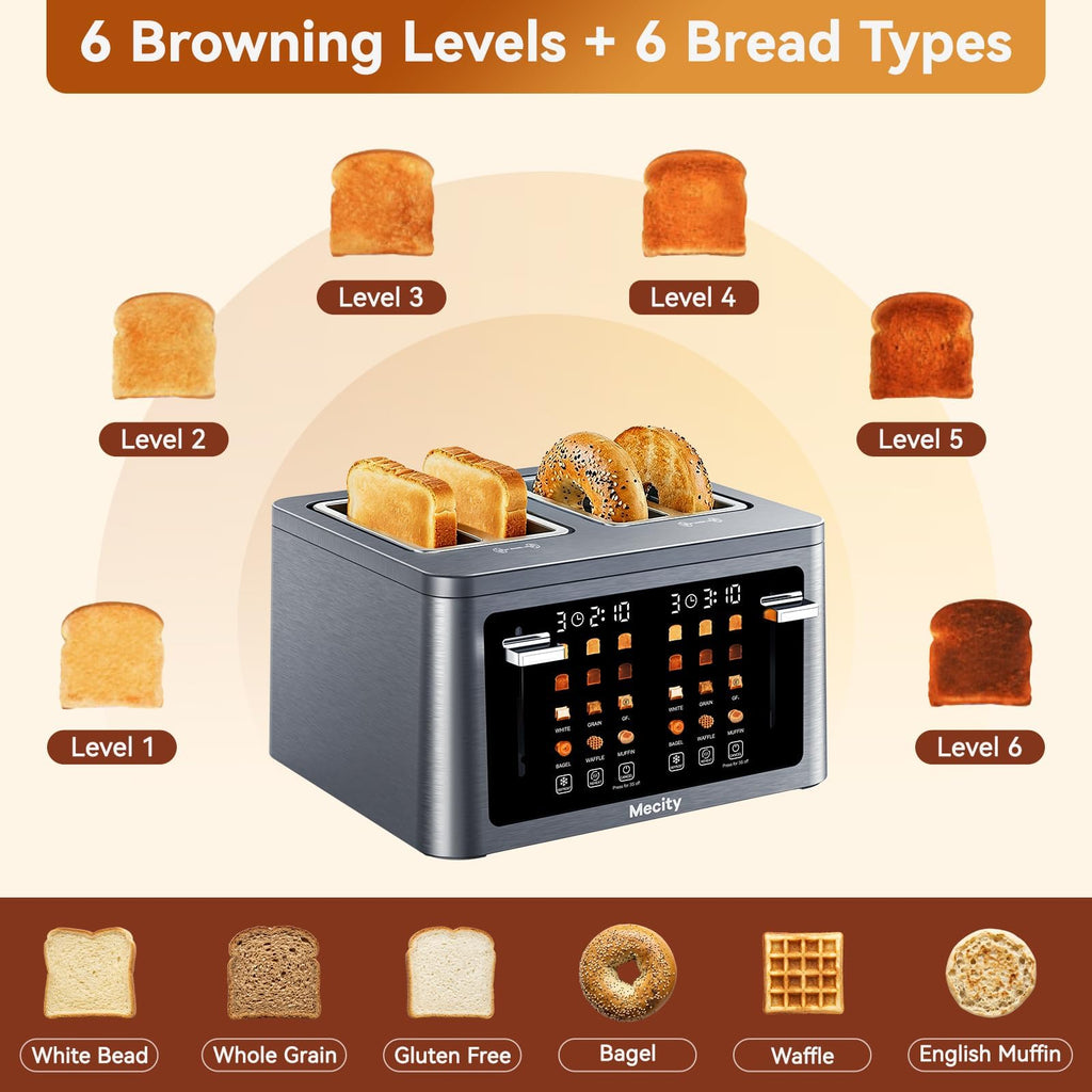 Mecity 4 Slice Touchscreen Toaster, 6 Bread Modes & 6 Browning Levels, Dual Touch Control Wide Slot Stainless Steel Electric Toaster with Memory, Defrost, 3-Min Auto Shutoff for White, Bagels, Waffles