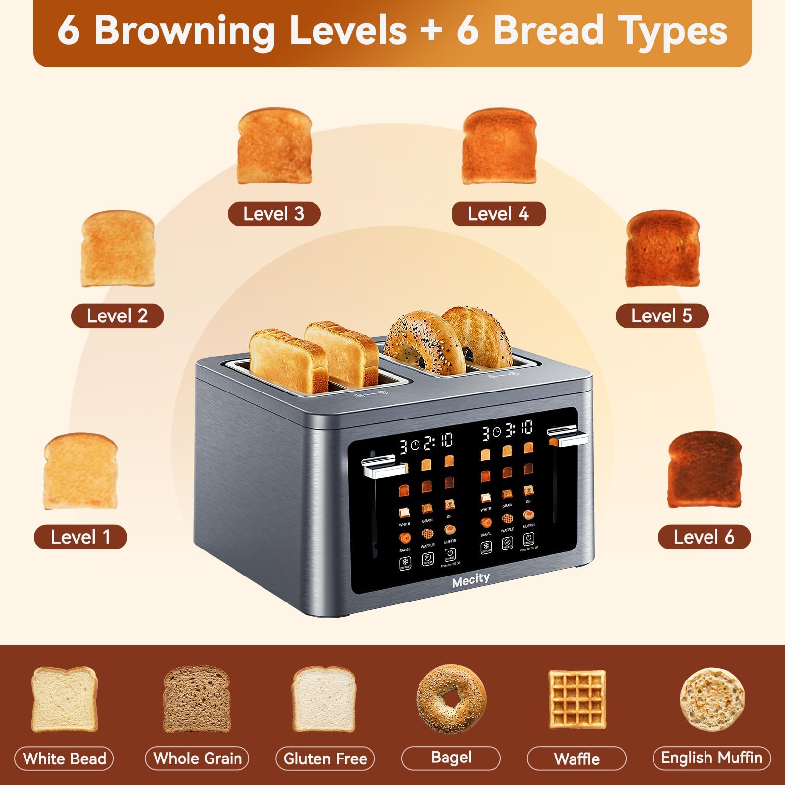 Mecity 4 Slice Touchscreen Toaster, 6 Bread Modes & 6 Browning Levels, Dual Touch Control Wide Slot Stainless Steel Electric Toaster with Memory, Defrost, 3-Min Auto Shutoff for White, Bagels, Waffles