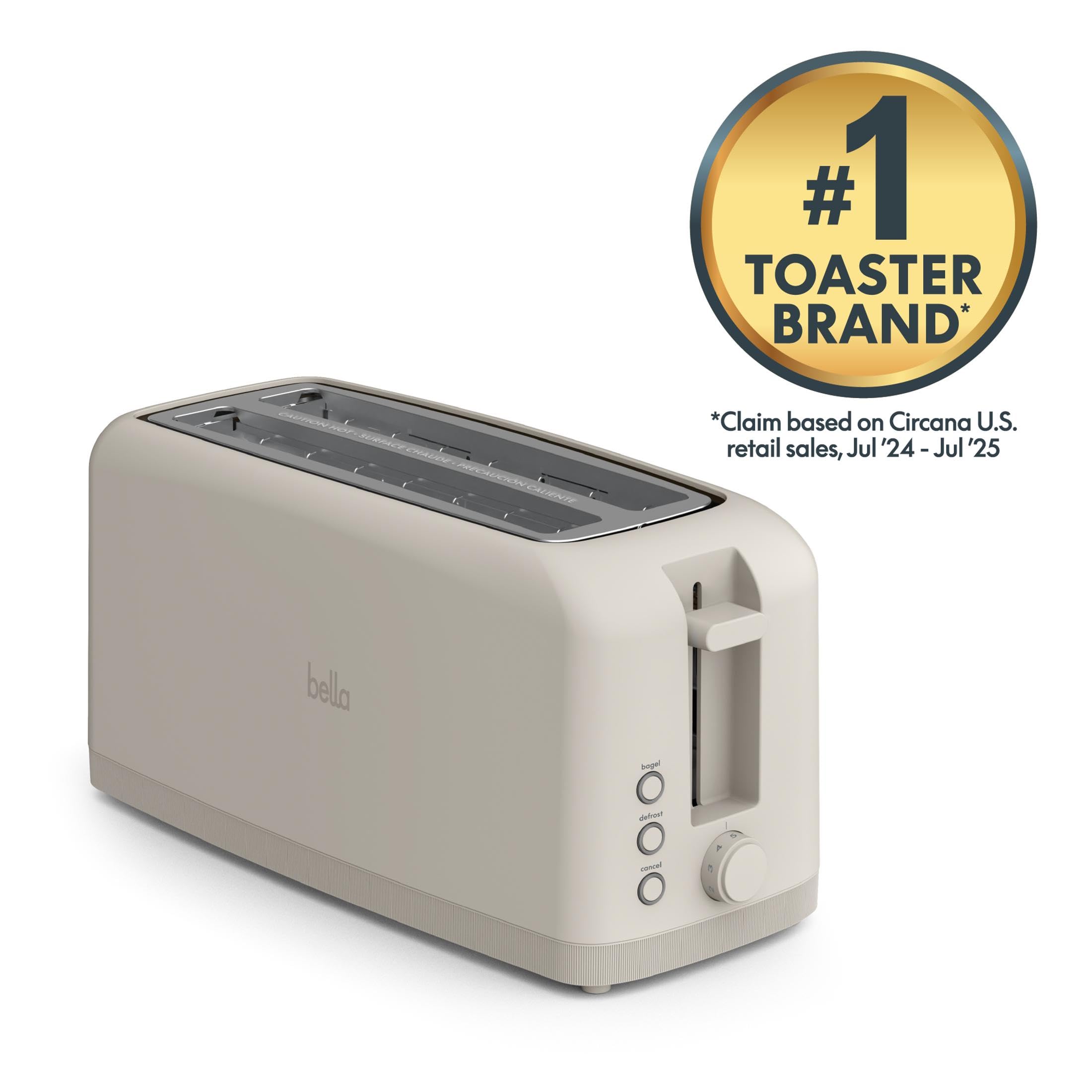 bella 4 Slice Slim Toaster, Fits-anywhere™ Kitchenware, 6 Setting Shade Control with Reheat & Cancel Buttons, Fits Sourdough, 10” Long Slot, Anti Jam & Auto Shutoff, 900 Watt, Oatmilk