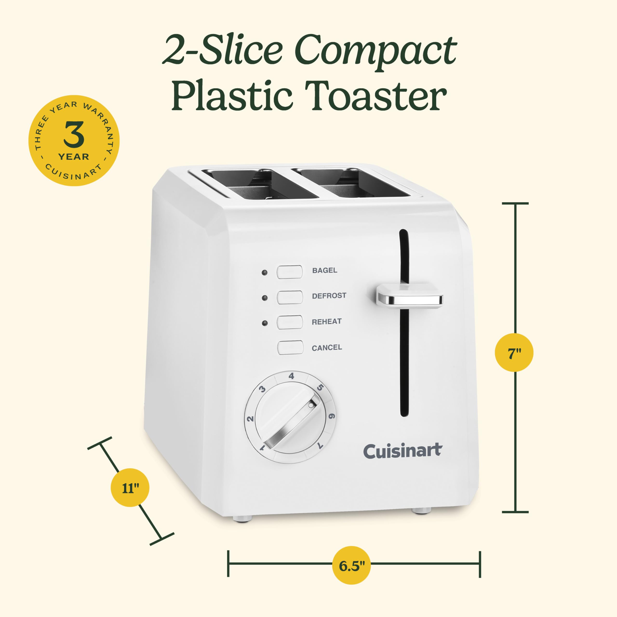 Cuisinart CPT-122 2-Slice Compact Plastic Toaster, Slots for Bagels & Bread, 7 Shade Settings, Cancel/Defrost/Reheat Functions, Removable Crumb Tray, Small Kitchen Appliance for Home & Office, White