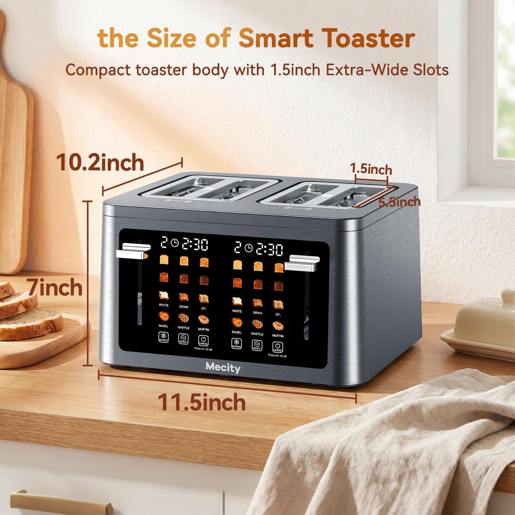 Mecity 4 Slice Touchscreen Toaster, 6 Bread Modes & 6 Browning Levels, Dual Touch Control Wide Slot Stainless Steel Electric Toaster with Memory, Defrost, 3-Min Auto Shutoff for White, Bagels, Waffles