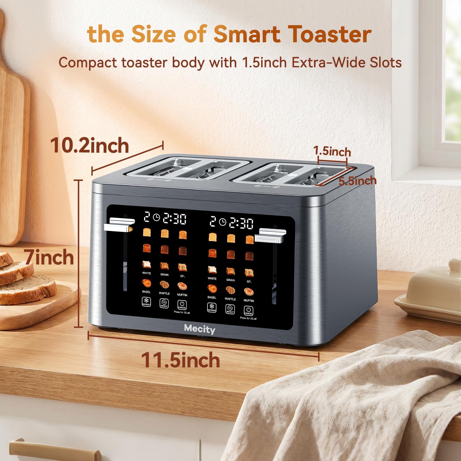 Mecity 4 Slice Touchscreen Toaster, 6 Bread Modes & 6 Browning Levels, Dual Touch Control Wide Slot Stainless Steel Electric Toaster with Memory, Defrost, 3-Min Auto Shutoff for White, Bagels, Waffles