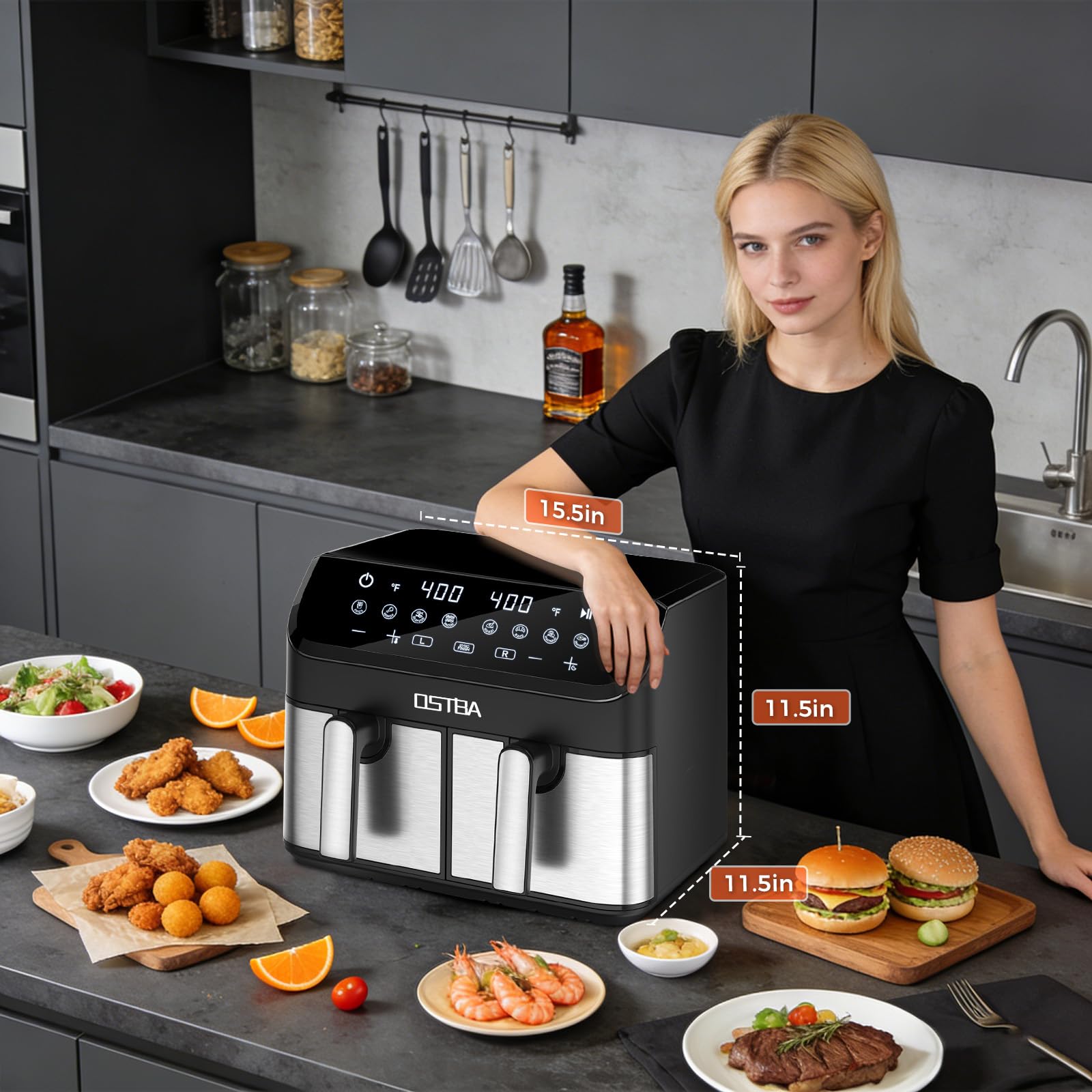 OSTBA 9.5QT Double Air Fryer, 1700W Dual Air Fryer with 2 Independent 4.25QT Stainless Steel Baskets, Digital Touchscreen, Sync Finish, 8 Presets, Auto Shutoff, Nonstick Dishwasher Safe