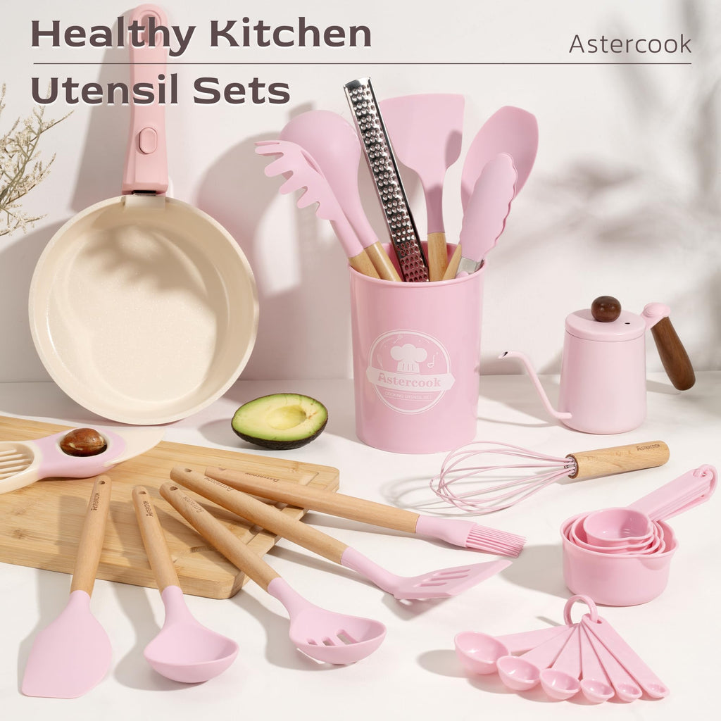 Astercook Kitchen Utensils set, 39 PCS Silicone Cooking Utensils Set with Wooden Handle, 446°F Heat Resistant Food Grade Utensil Sets, BPA Free Kitchen Gadgets Tools Set for Nonstick Cookware (Pink)