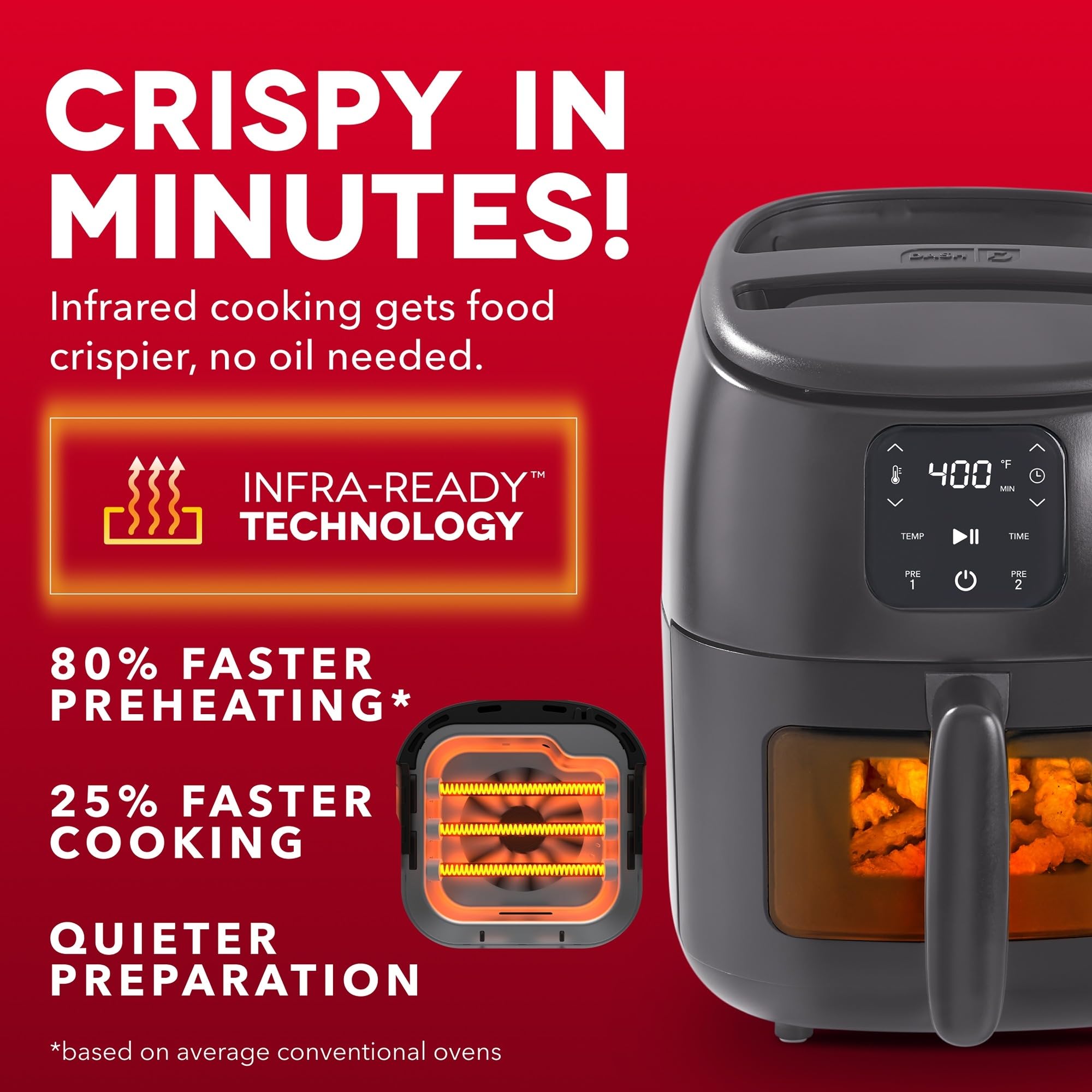 Dash 2.6QT Infrared Digital Small Air Fryer - Compact Air Fryer with Safe Ceramic Nonstick, Viewing Window, 2 Custom Presets & Auto Shake Reminder - Dishwasher Safe Parts
