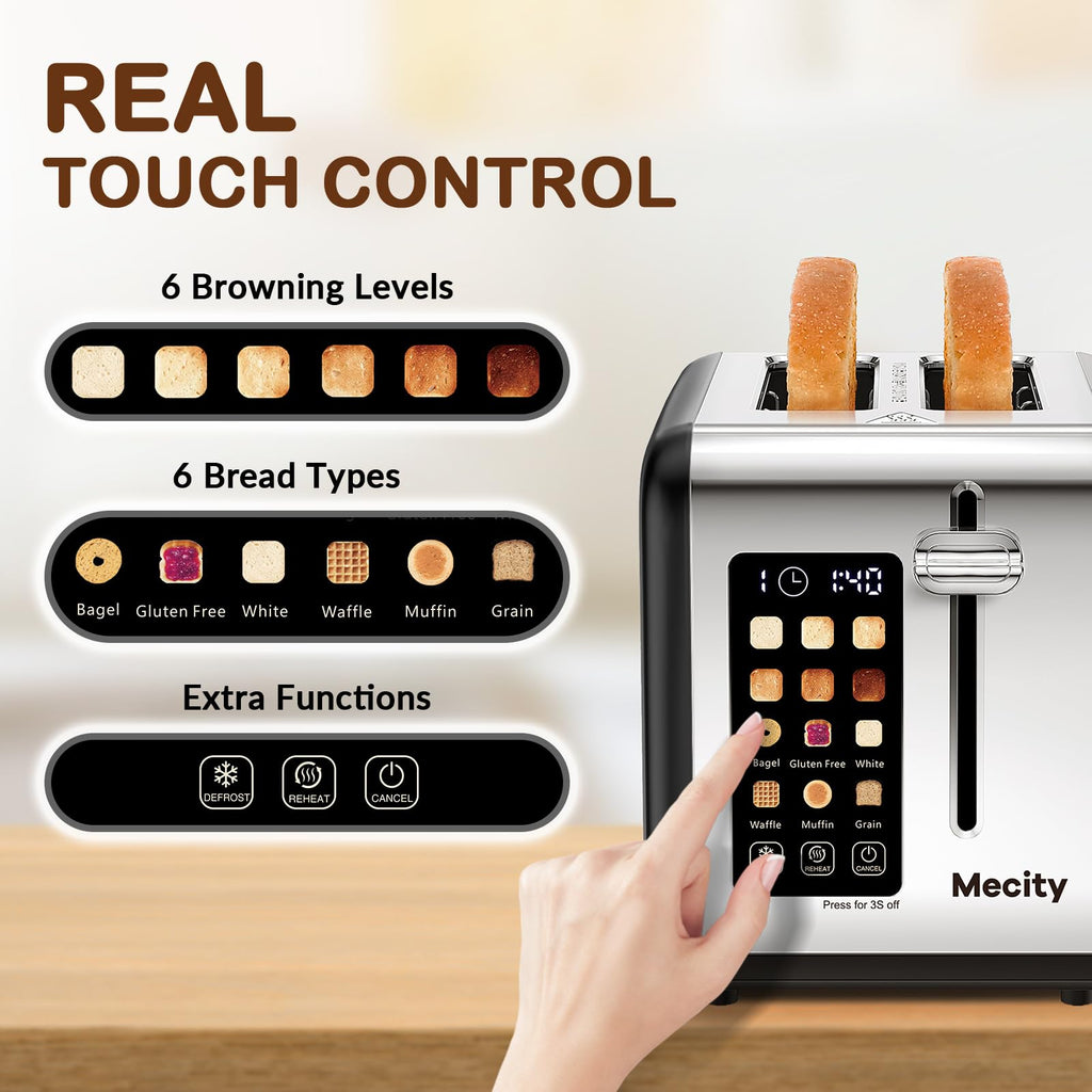 Mecity 2 Slice Touch Screen Toaster, 1.5" Wide Slot, Stainless Steel Smart Toaster for Bagels, Muffins, Waffles, Gluten-Free Breads, Defrost, Reheat, Timer, 120V 825W, Matt Black