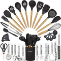 Cooking Utensils Set- 35 PCs Kitchen Utensils with Grater,Tongs, Spoon Spatula &Turner Made of Heat Resistant Food Grade Silicone and Wooden Handles Kitchen Gadgets Tools Set for Nonstick Cookware