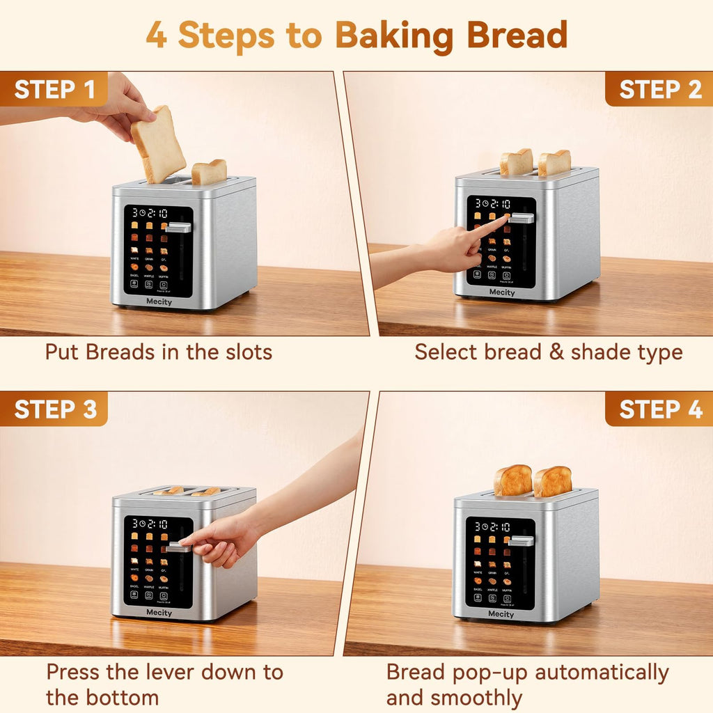 Mecity 2 Slice Toaster Smart Touchscreen, Stainless Steel Wide Slot Toasters Defrost, Reheat, Memory Function, Auto Shutoff, Digital Electric Bread Toaster for Bagel Muffin Waffle, 120V