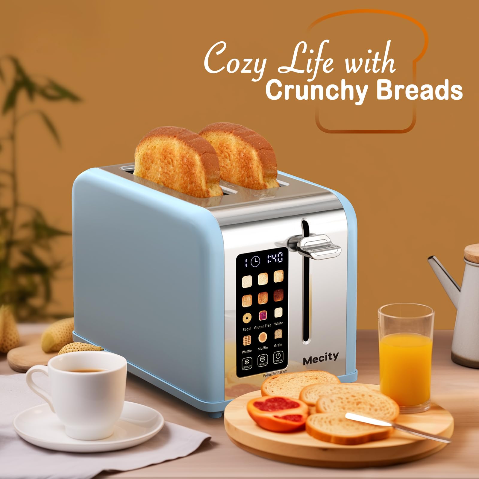 Mecity 2 Slice Touch Screen Toaster, 1.5" Wide Slot, Stainless Steel Smart Toaster for Bagels, Muffins, Waffles, Gluten-Free Breads, Defrost, Reheat, Timer, 120V 825W, Ice Blue