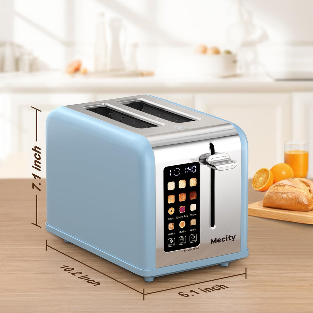 Mecity 2 Slice Touch Screen Toaster, 1.5" Wide Slot, Stainless Steel Smart Toaster for Bagels, Muffins, Waffles, Gluten-Free Breads, Defrost, Reheat, Timer, 120V 825W, Ice Blue