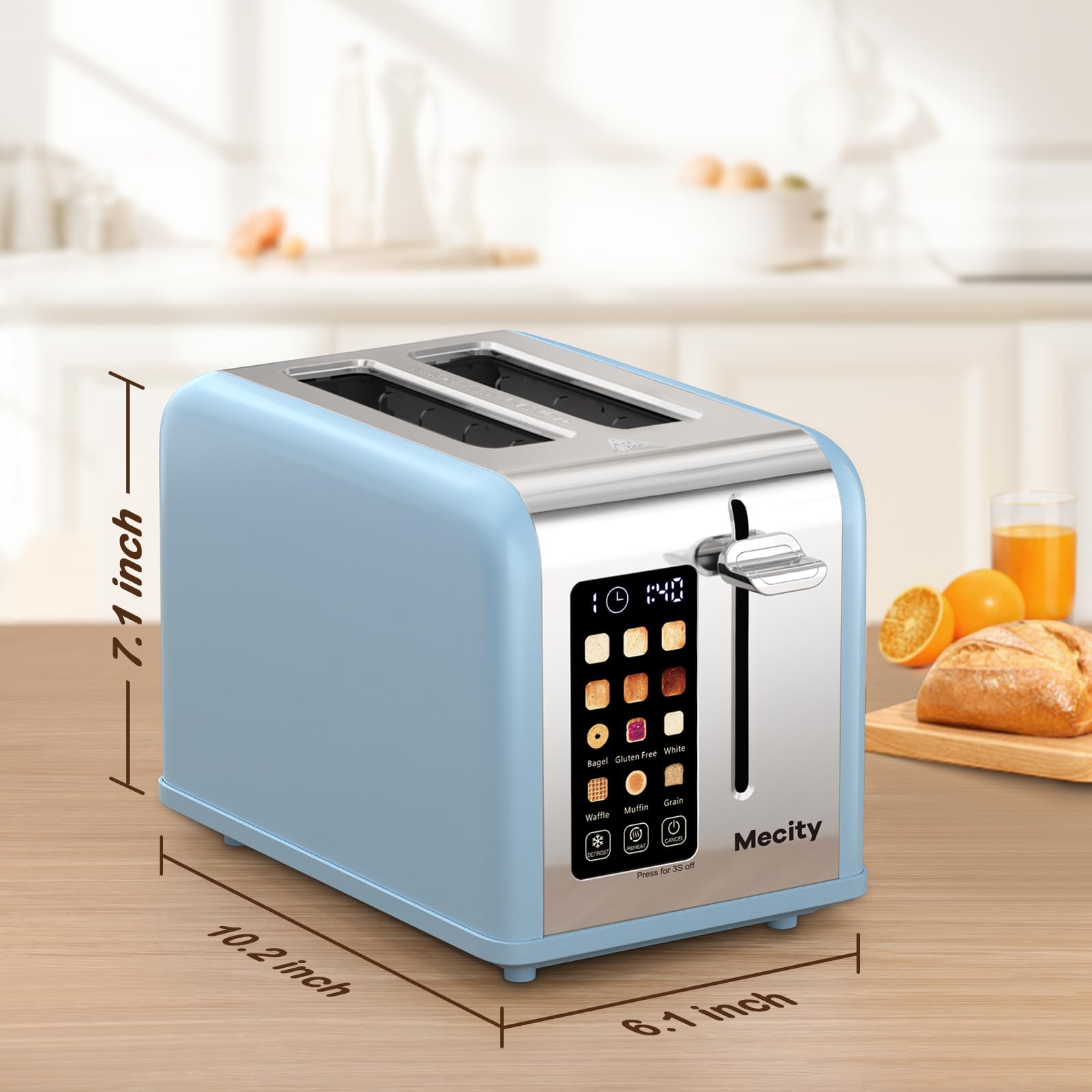 Mecity 2 Slice Touch Screen Toaster, 1.5" Wide Slot, Stainless Steel Smart Toaster for Bagels, Muffins, Waffles, Gluten-Free Breads, Defrost, Reheat, Timer, 120V 825W, Ice Blue
