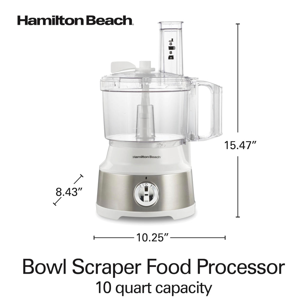 Hamilton Beach Food Processor & Vegetable Chopper for Slicing, Shredding, Mincing, and Puree, 10 Cups + Easy Clean Bowl Scraper, White and Stainless Steel (70733)