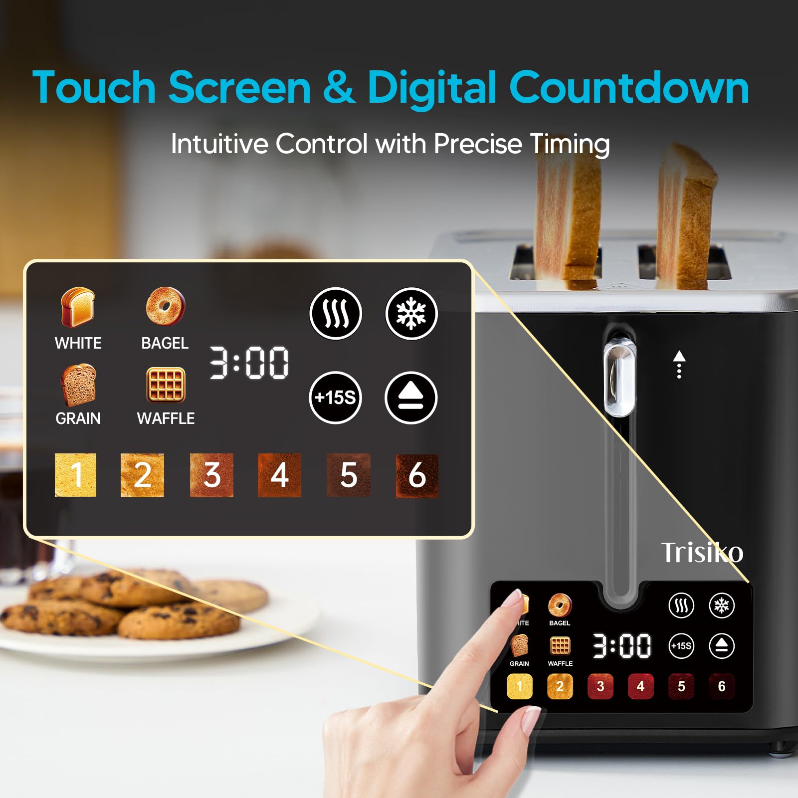 Trisiko Touch Screen Electric Toaster 2 Slice, Stainless Steel Smart Toaster with Digital Timer, 1.38" Extra-Wide Slots for Bread& Bagel, Great for Home, Office,Dorm (Black)
