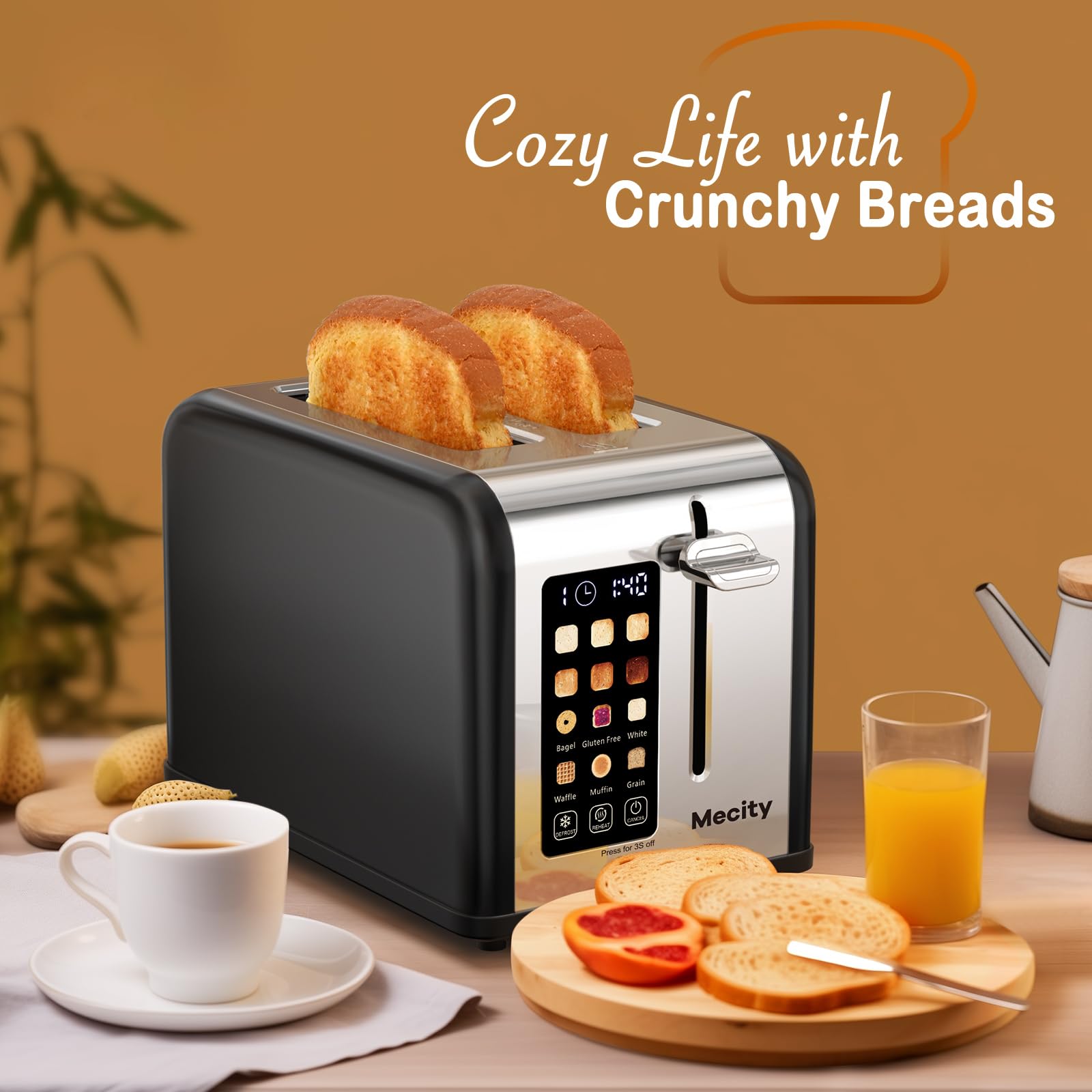 Mecity 2 Slice Touch Screen Toaster, 1.5" Wide Slot, Stainless Steel Smart Toaster for Bagels, Muffins, Waffles, Gluten-Free Breads, Defrost, Reheat, Timer, 120V 825W, Matt Black