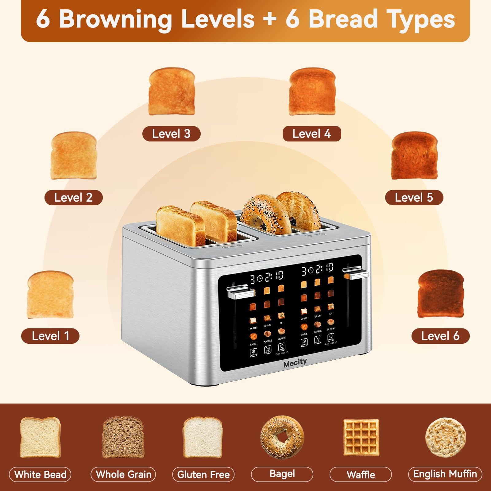 Mecity 4 Slice Touchscreen Toaster, 6 Bread Modes & 6 Browning Levels, Dual Touch Control Wide Slot Stainless Steel Electric Toaster with Memory, Defrost, 3-Min Auto Shutoff for White, Bagels, Waffles