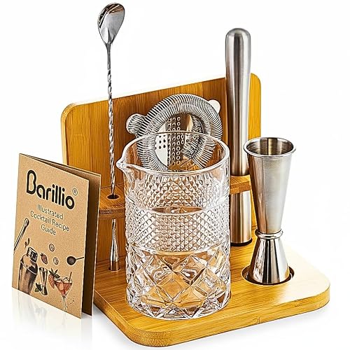 Barillio 24 Oz Crystal Cocktail Mixing Glass with Bamboo Stand & Bar Tools | Seamless Lead-Free Crystal, Weighted Base Stirring Pitcher | Including Muddler, Mixing Spoon, Jigger and Strainer