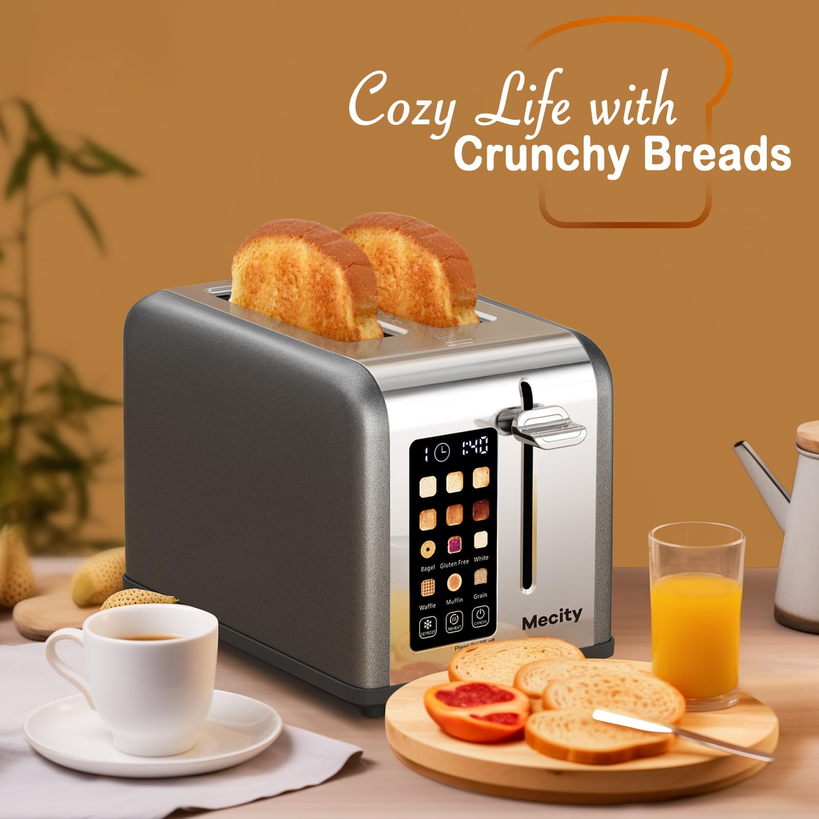 Mecity 2 Slice Touch Screen Toaster, 1.5" Wide Slot, Stainless Steel Smart Toaster for Bagels, Muffins, Waffles, Gluten-Free Breads, Defrost, Reheat, Timer, 120V 825W, Grey Pearl