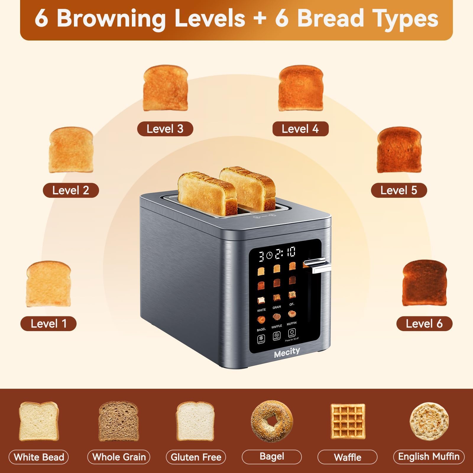 Mecity 2 Slice Toaster Smart Touchscreen, Stainless Steel Wide Slot Toasters Defrost, Reheat, Memory Function, Auto Shutoff, Digital Electric Bread Toaster for Bagel Muffin Waffle, 120V